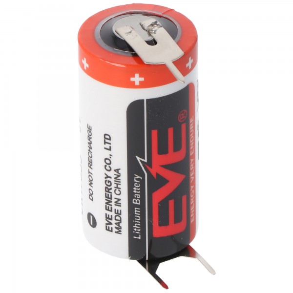 EVE CR17335 batterij maat 2 / 3A met 3 volt spanning en 1550 mAh capaciteit, afmetingen 33,5 x 17 mm, met printcontacten + / - 7,6 mm steek