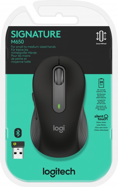 Logitech Mouse M650, Signature, Draadloos, Bolt, Bluetooth, grafiet optisch, 400-4000 dpi, 5 knoppen, Rechts, S/M, Retail