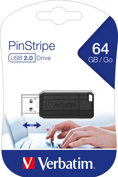 Verbatim USB 2.0-stick 64GB, PinStripe, zwart (R) 12MB/s, (W) 5MB/s, blisterverpakking