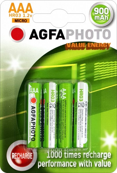 Agfaphoto Batterij NiMH, Micro, AAA, HR03, 1.2V/900mAh Value Energy, Retail-blisterverpakking (4-pack)