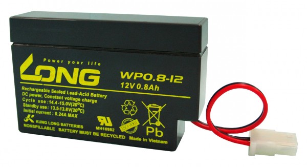 Kung Long WP0.8-12 loodvliesbatterij, 12V, 0,8Ah met AMP-connector