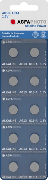 Agfaphoto Alkaline-batterij, knoopcel, LR44, V13GA, 1,5 V voeding, blisterverpakking (10-pack)