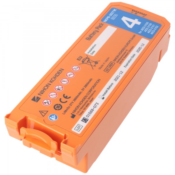 Originele Nihon Kohden-lithiumbatterij voor defibrillator Cardiolife AED2100 van SN 5001, AED2150, AED2151, AED2152 - 27 volt 2,8 Ah - niet-oplaadbaar - type SB-214VK / NKPB-28271K - 4 jaar batterij