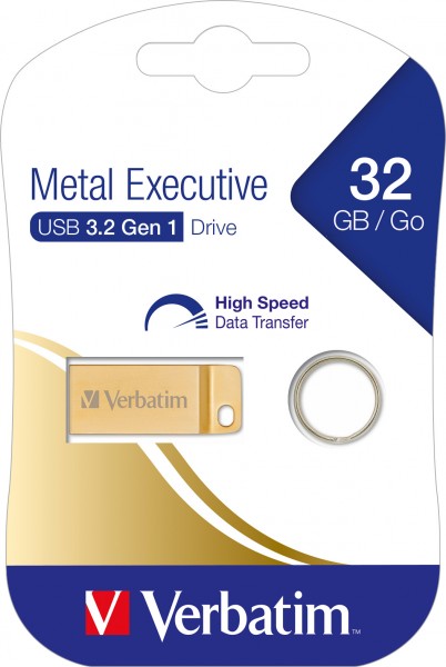 Verbatim USB 3.2 Stick 32GB, Metal Executive, Gold Type-A, (R) 80MB/s, (W) 25MB/s, blisterverpakking