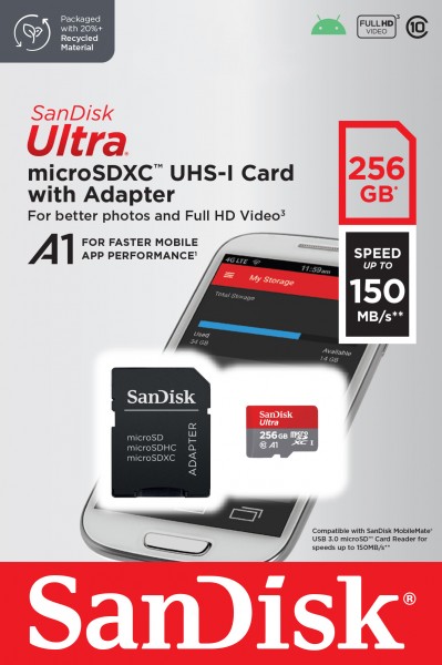 Sandisk microSDXC-kaart 256 GB, Ultra, klasse 10, U1, A1 (R) 150 MB/s, SD-adapter, blisterverpakking
