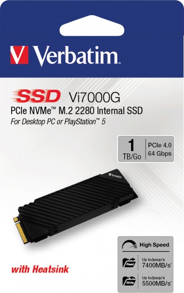 Verbatim SSD 1 TB, PCIe 4.0, M.2 2280, NVMe, Vi7000G (R) 7400 MB/s, (W) 5500 MB/s, detailhandel