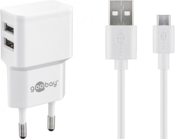 Goobay Micro USB dubbele oplaadset 2,4 A - voeding met 2x USB-aansluiting en Micro-USB-kabel 1m (wit)