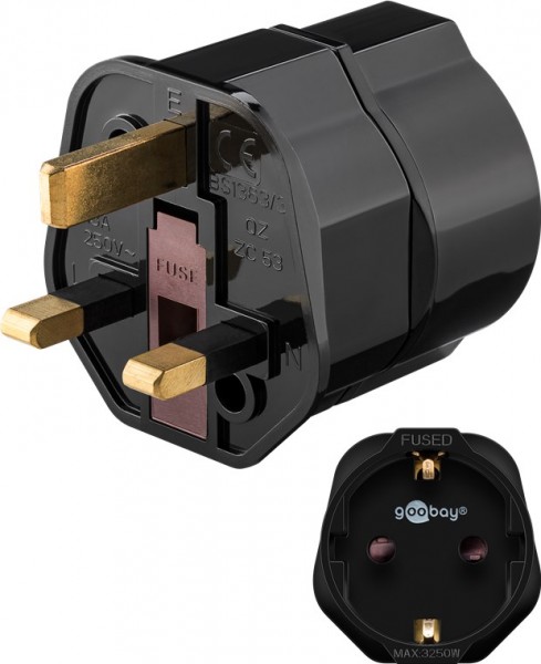 Goobay netadapter UK, zwart - veiligheidscontactdoos (type F, CEE 7/3) > UK 3-polige stekker (type G, BS 1363)