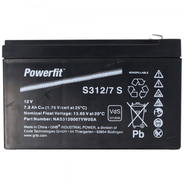 Exide Powerfit S312 / 7SR PB-loodbatterij 12 volt 7200 mAh met Faston-contacten van 6,3 mm