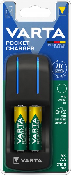 Varta oplaadbare batterij NiMH, universele oplader, zakoplader incl. batterijen, 4x Mignon, AA, 2100mAh