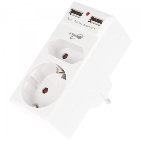 2-weg stopcontactadapter met 2 USB-laadpoorten, max. 2.1A laadstroom