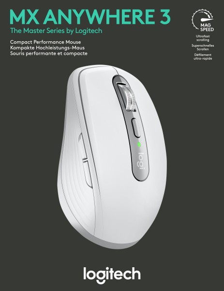 Logitech Mouse MX Anywhere 3, draadloos, Unifying, Bluetooth, lichtgrijze laser, 200-4000 dpi, 6 knoppen, oplaadbare batterij, retail