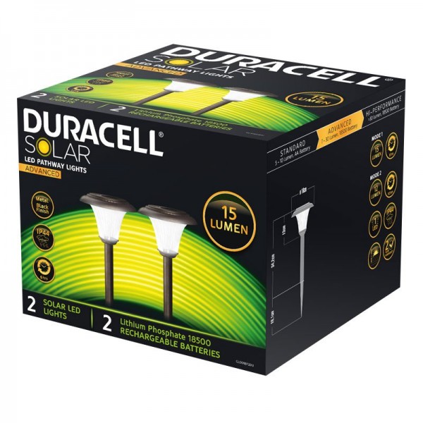 Set van 2 Duracell LED-tuinlampen op zonne-energie met maximaal 15 lumen, roestvrij roestvrij staal, met lithiumbatterij