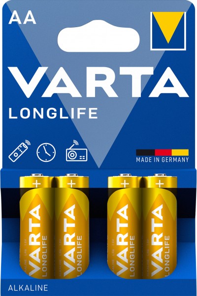 Varta Batterij Alkaline, Mignon, AA, LR06, 1.5V Longlife, Retail Blister (4-Pack)