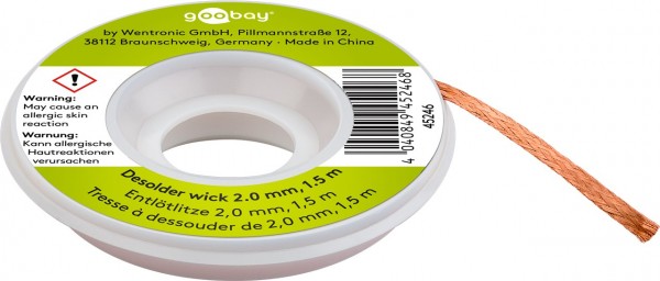 Goobay desoldeervlecht 2 mm voor het verwijderen van soldeer uit soldeerverbindingen 1,5 m - puur koper, goede thermische geleidbaarheid