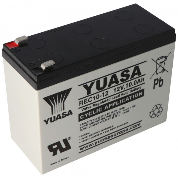 Yuasa loodzuuraccu REC10-12 met 12 volt en 10 Ah, 6,3 mm Faston-stekkercontacten