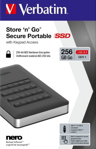 Verbatim SSD 256 GB, USB 3.1, AC, 4,57 cm (1,8''), zwart Secure Portable, toetsenbord, 256-AES-bit, detailhandel