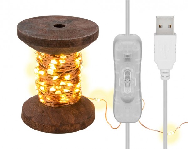 Goobay LED-lichtketting &quot;spoel&quot;, klein - met USB-kabel 3 m, lichtketting 10 m met 100 micro-LED's in warm wit (2700 K) en schakelaar (aan/uit)