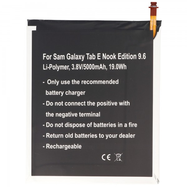Accu geschikt voor Samsung Galaxy Tab E Nook Edition 9.6, Li-Polymer, 3.8V, 5000mAh, 19.0Wh, ingebouwd, zonder gereedschap