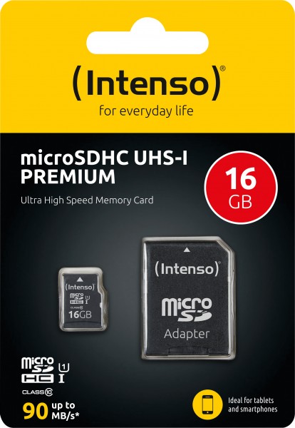 Intenso microSDHC-kaart 16GB, Premium, Class 10, U1 (R) 90MB/s, (W) 10MB/s, SD-adapter, blisterverpakking