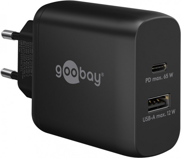 Goobay USB-C™ PD dual snellader (65 W) zwart - 1x USB-C™ poort (Power Delivery) en 1x USB-A poort - zwart