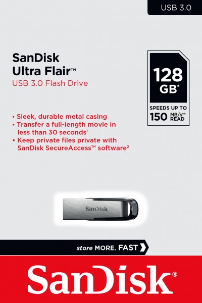 Sandisk USB 3.0 Stick 128GB, Ultra Flair Type-A, (R) 150MB/s, SecureAccess, blisterverpakking