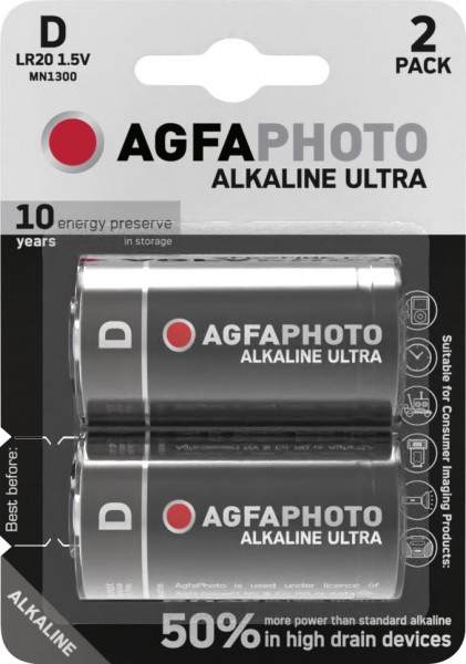 Agfaphoto-batterij Alkaline, Mono, D, LR20, 1,5 V Ultra, retailblister (2-pack)