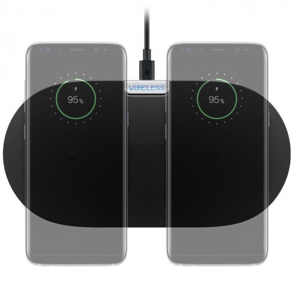 De QI draadloze dubbele snellaadmat met max. 10 watt snellaadstroom 2a ind. zwart ideaal voor 2 smartphones, mobiele telefoons, tablets