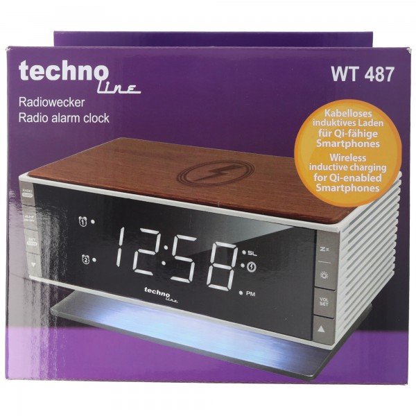 WT487 - moderne klokradio, compatibel met Qi-compatibele, mobiele apparaten (draadloos opladen via inductief oplaadoppervlak)