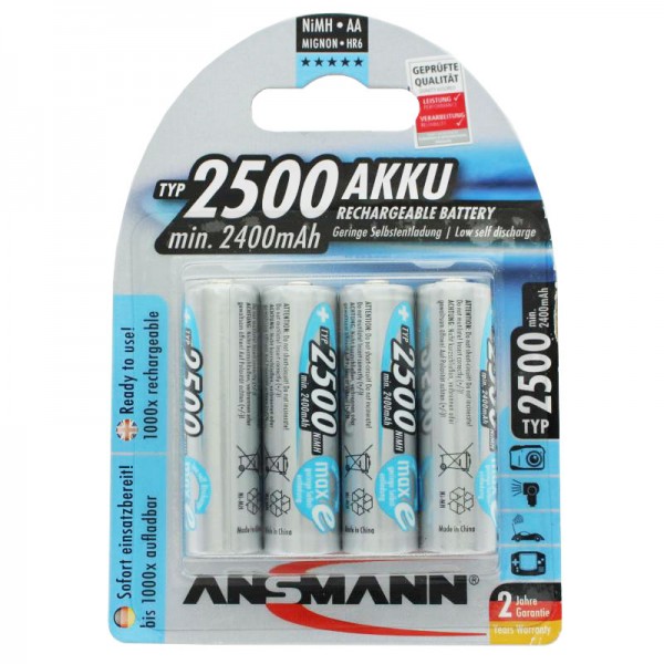 Ansmann maxE Mignon AA 2500 mAh batterij vooraf opgeladen in een blisterverpakking van 4