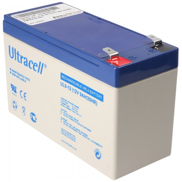Ultracell UL9-12 12V 9Ah 6.3mm Faston loodaccu AGM loodgelaccu