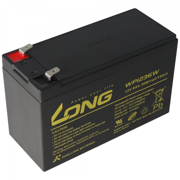 Kung Long WP1236W 12Volt 36W loodbatterij met 9Ah, 6,3 mm Faston Tab 250