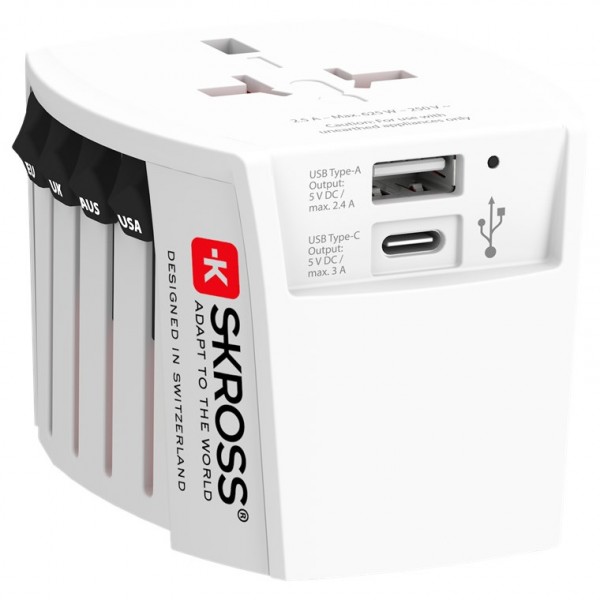 Skross World Adapter MUV USB (AC) - geschikt voor alle niet-geaarde apparaten (2-pins)