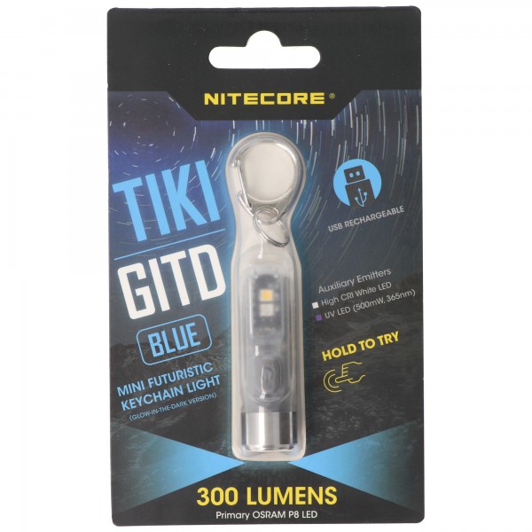 Nitecore TIKI GITD, Glow in the dark, met UV-LED, sleutelhangerlampje, oplaadbaar sleutelhangerlampje, blauw