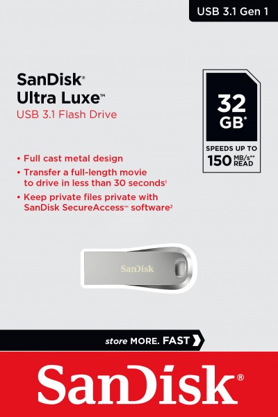Sandisk USB 3.1 Stick 32GB, Ultra Luxe Type-A, (R) 150MB/s, SecureAccess, blisterverpakking