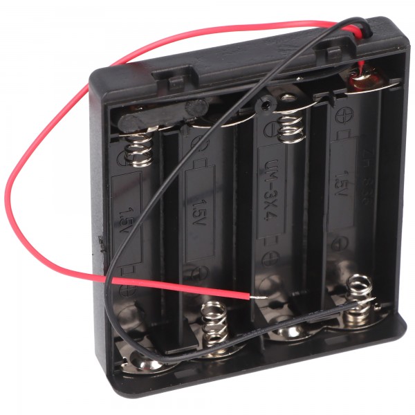 Batterijhouder voor 4x Mignon met deksel en schakelaar, losse kabeluiteinden, waterafstotend