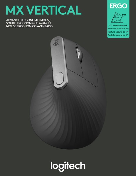 Logitech Mouse MX Verticaal, draadloos, Unifying, Bluetooth, antraciet laser, 4000 dpi, 6 knoppen, oplaadbare batterij, retail