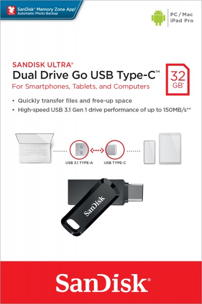Sandisk USB 3.1 OTG Stick 32GB, Ultra Dual Go Type-AC, (R) 150MB/s, Memory Zone, blisterverpakking