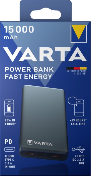 Varta accu powerbank, 5V/15,000mAh, Fast Energy, grijs 2xUSB-A/Micro-B/-C, Quick Charge 3.0