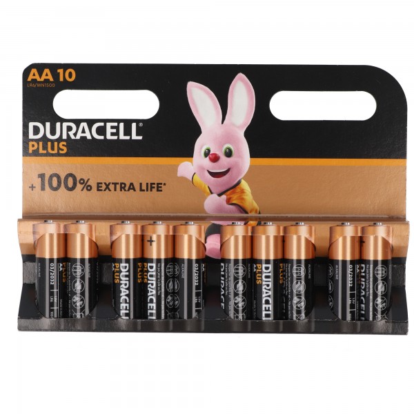 Duracell Alkaline Batterij, Mignon, AA, LR06, 1.5V Plus, Extra Life, Retail Blister (10-Pack)
