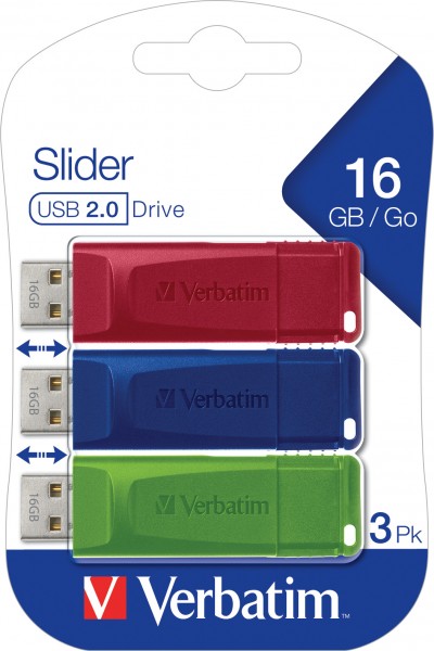 Verbatim USB 2.0 Stick 16GB, Slider, Rood-Blauw-Groen, Multipack (R) 10MB/s, (W) 4MB/s, Retail-Blister (3-Pack)