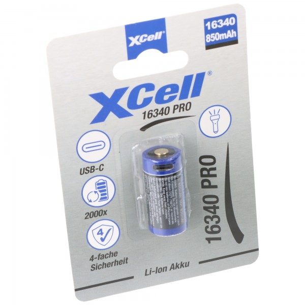 XCell Pro 16340 Li-Ion batterij CR123A beschermde Li-Ion batterij, met USB-C oplaadaansluiting, min. 800mAh max. 850mAh, 3,6 volt