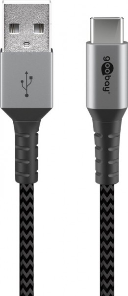 USB-C naar USB-A textielkabel met metalen pluggen, extra robuuste aansluitkabel voor apparaten met USB-C-aansluiting, geoptimaliseerde knikbescherming