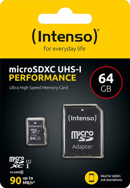 Intenso microSDXC-kaart 64 GB, prestatie, klasse 10, U1 (R) 90 MB/s, (W) 10 MB/s, SD-adapter, blisterverpakking