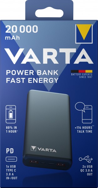 Varta accu powerbank, 5V/20.000mAh, Fast Energy, grijs 2xUSB-A/Micro-B/-C, Quick Charge 3.0
