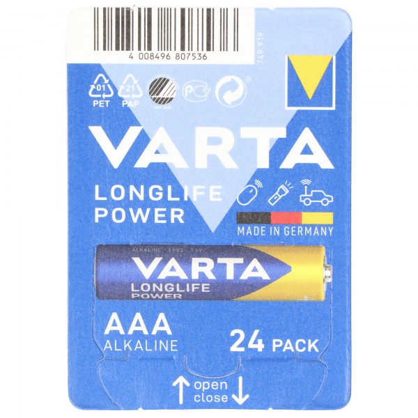 Varta Batterij Alkaline, Micro, AAA, LR03, 1.5V Longlife Power, Doos (24-pack)