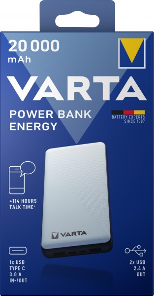 Varta accu powerbank, 5V/20.000mAh, Energy, wit 2xUSB-A/Micro-B/-C