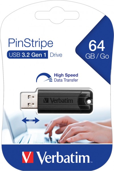 Verbatim USB 3.2 Stick 64GB, PinStripe, zwart Type-A, (R) 30MB/s, (W) 10MB/s, blisterverpakking