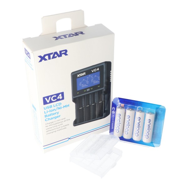 XTAR VC4 snellader in een set met vier Panasonic Eneloop BK-3MCC1 batterijen + batterij-opbergdoos Gratis!