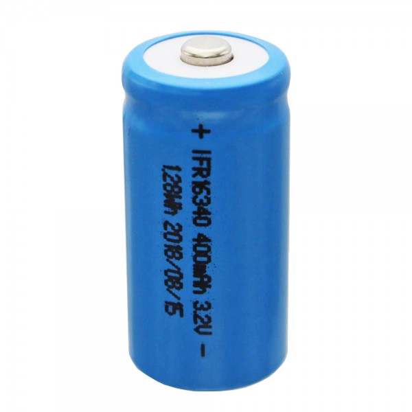 IFR 16340 - 400 mAh 3,2 V LiFePo4 batterijknop bovenkant onbeschermd, 16,55 x 34,6 mm